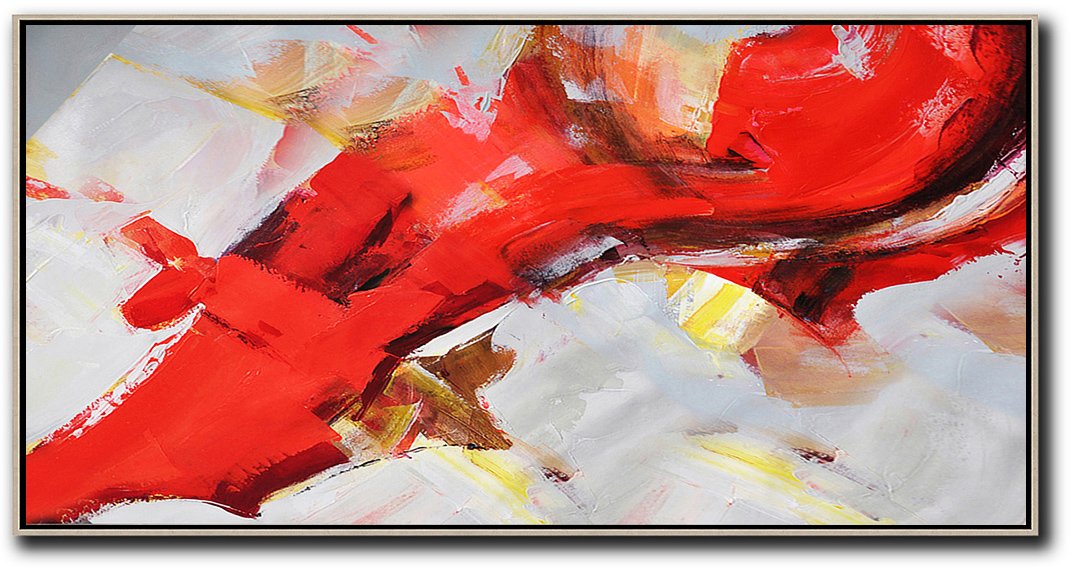 Large Abstract Painting On Canvas,Horizontal Palette Knife Contemporary Art Panoramic Canvas Painting,Original Art Acrylic Painting,Red,White,Yellow.etc